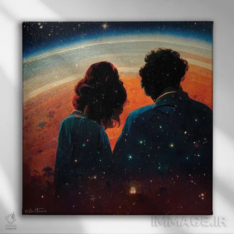 تابلو در کیهان به یکدیگر تعلق داریم اثر بن هاین (هنرمند بلژیکی) - نمای روبهرو روی دیوار