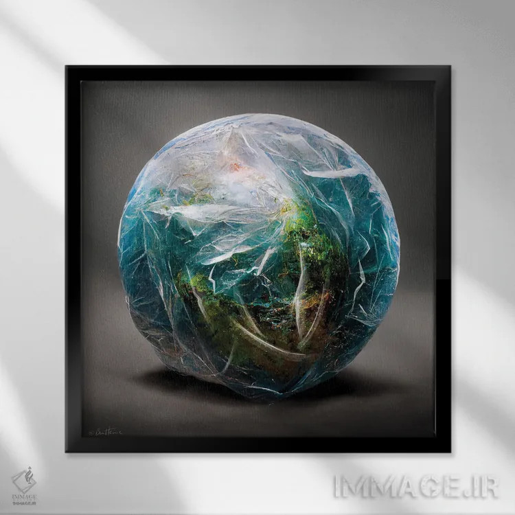 تابلو زمین در کیسه پلاستیکی پیچیده شده اثر بن هاین (هنرمند بلژیکی) - نمای قابدار مشکی