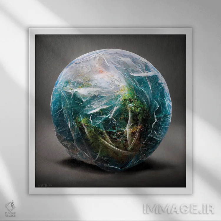 تابلو زمین در کیسه پلاستیکی پیچیده شده اثر بن هاین (هنرمند بلژیکی) - نمای قابدار سفید