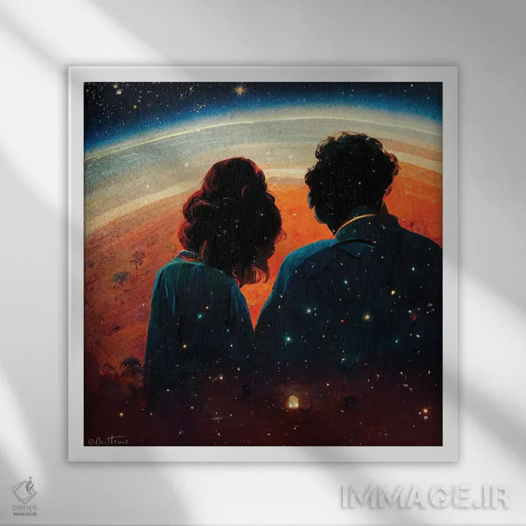 تابلو در کیهان به یکدیگر تعلق داریم اثر بن هاین (هنرمند بلژیکی) - نمای قابدار سفید