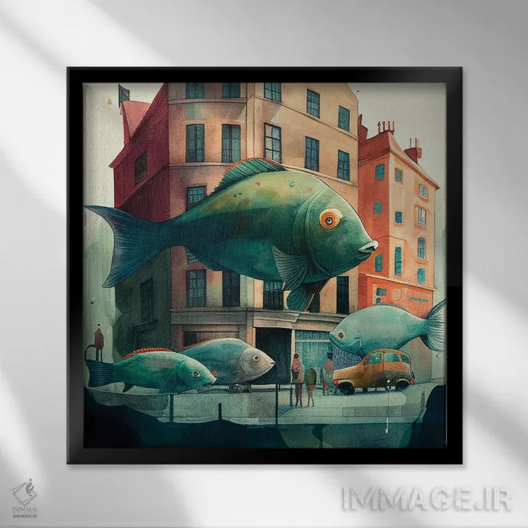 تابلو ماهی در شهر اثر بن هاین (هنرمند بلژیکی) - نمای قابدار مشکی