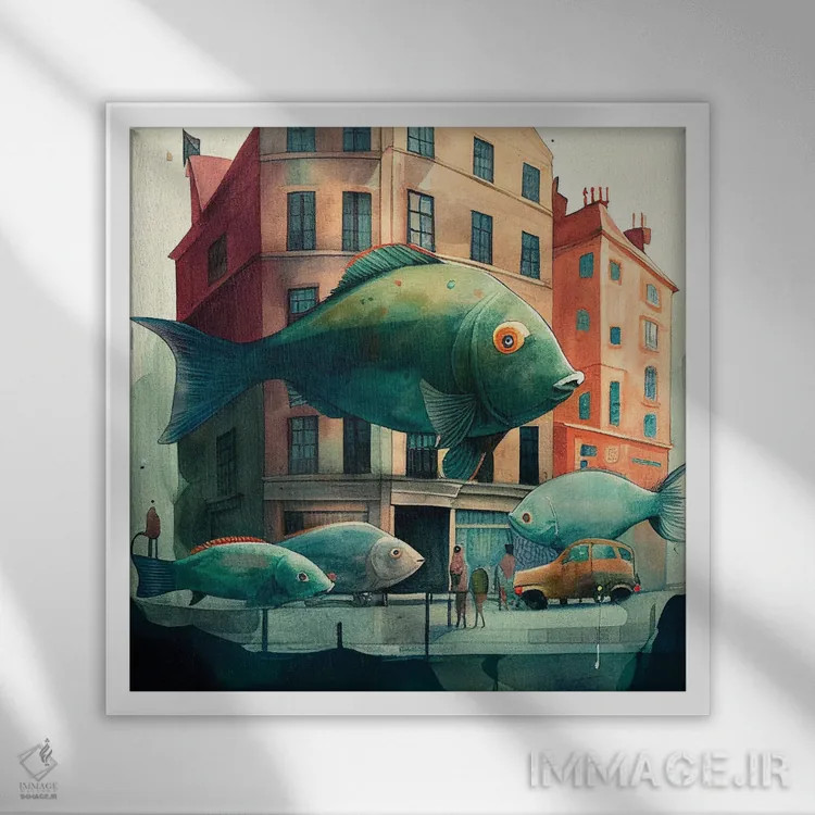 تابلو ماهی در شهر اثر بن هاین (هنرمند بلژیکی) - نمای قابدار سفید