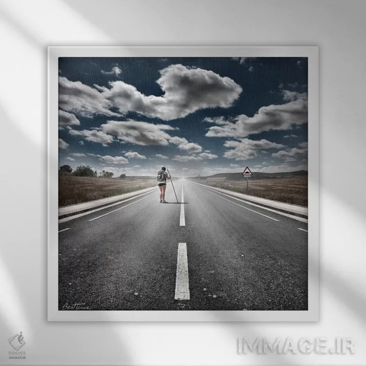 تابلو جاده هرگز پایان نمییابد اثر بن هاین (هنرمند بلژیکی) - نمای قابدار سفید