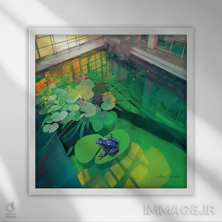تابلو قورباغه آبی اثر ابوال بهادری - نمای قابدار سفید