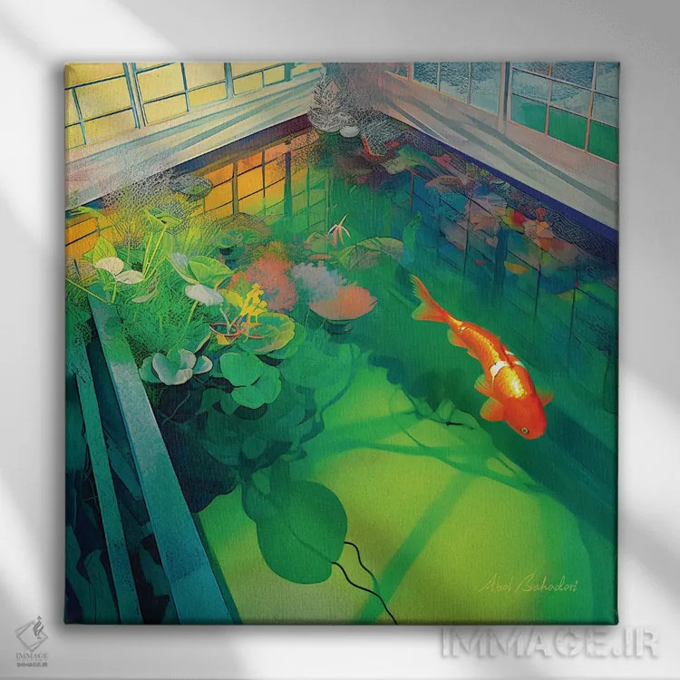 تابلو حوضچه کوی (نوعی ماهی) اثر ابوال بهادری - نمای روبهرو روی دیوار