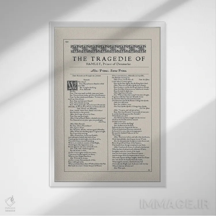 تابلو صفحه اولین نسخه هملت در بادام (جلد بادامی) اثر بیبلیوتوگرافی - نمای قابدار سفید