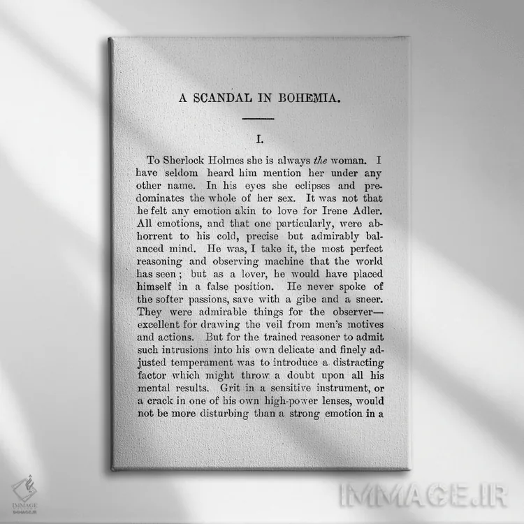 تابلو صفحه کتاب رسوایی در بوهمیا، شرلوک هولمز اثر بیبلیوتوگرافی - نمای روبهرو روی دیوار