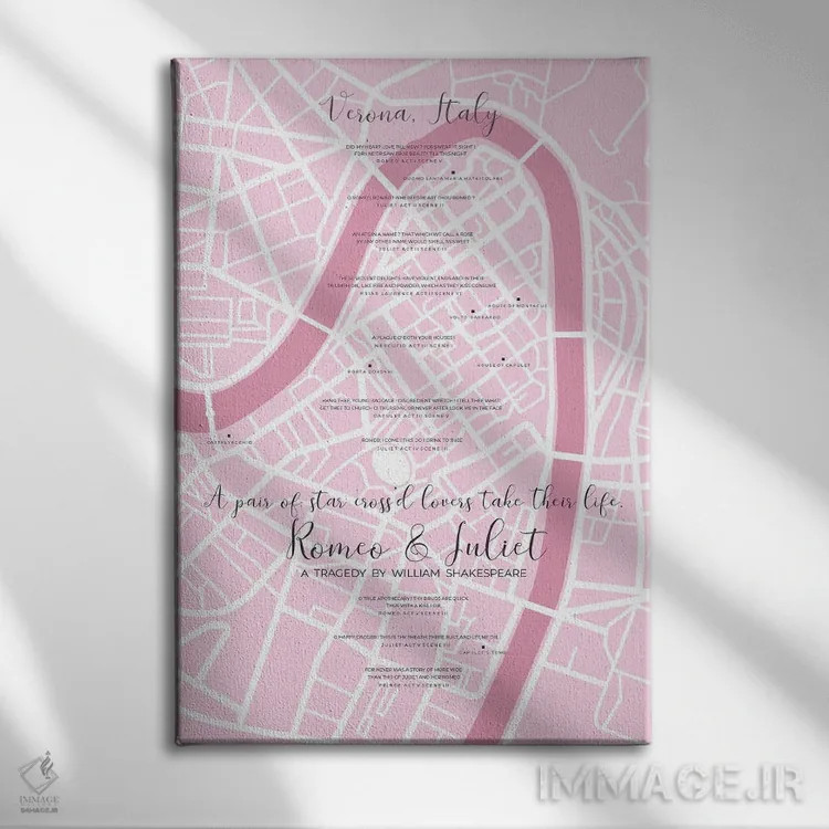 تابلو اینفوگرافیک رومئو و ژولیت در ورونا اثر بیبلیوتوگرافی - نمای روبهرو روی دیوار