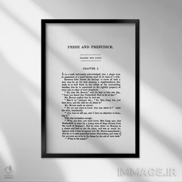 تابلو صفحه کتاب غرور و تعصب اثر جین آستن اثر بیبلیوتوگرافی - نمای قابدار مشکی