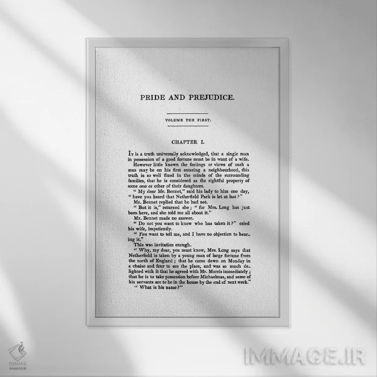 تابلو صفحه کتاب غرور و تعصب اثر جین آستن اثر بیبلیوتوگرافی - نمای قابدار سفید