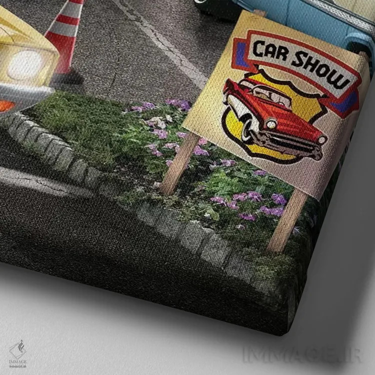 تابلو نمایشگاه خودرو در کافه رستوران اثر تصویرسازی بیگلو - نمای نزدیک بافت بوم