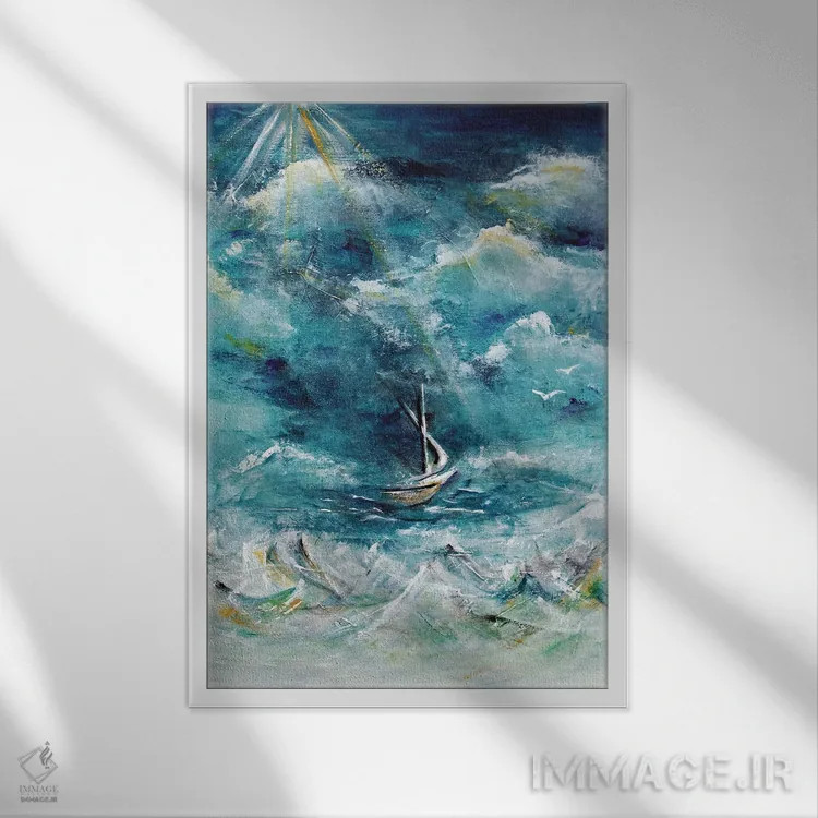 تابلو قایق در طوفان، عیسی آرامکنندهٔ دریا اثر آنجلا بیسون - نمای قابدار سفید