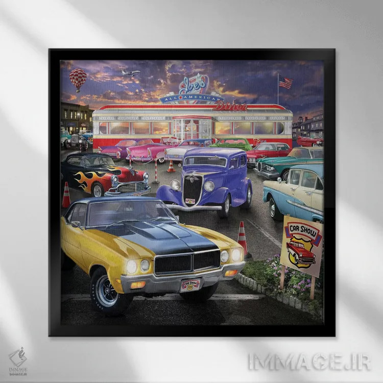 تابلو نمایشگاه خودرو در کافه رستوران اثر تصویرسازی بیگلو - نمای قابدار مشکی