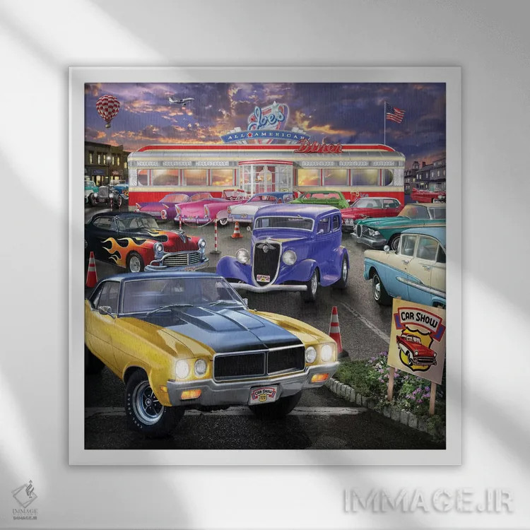 تابلو نمایشگاه خودرو در کافه رستوران اثر تصویرسازی بیگلو - نمای قابدار سفید