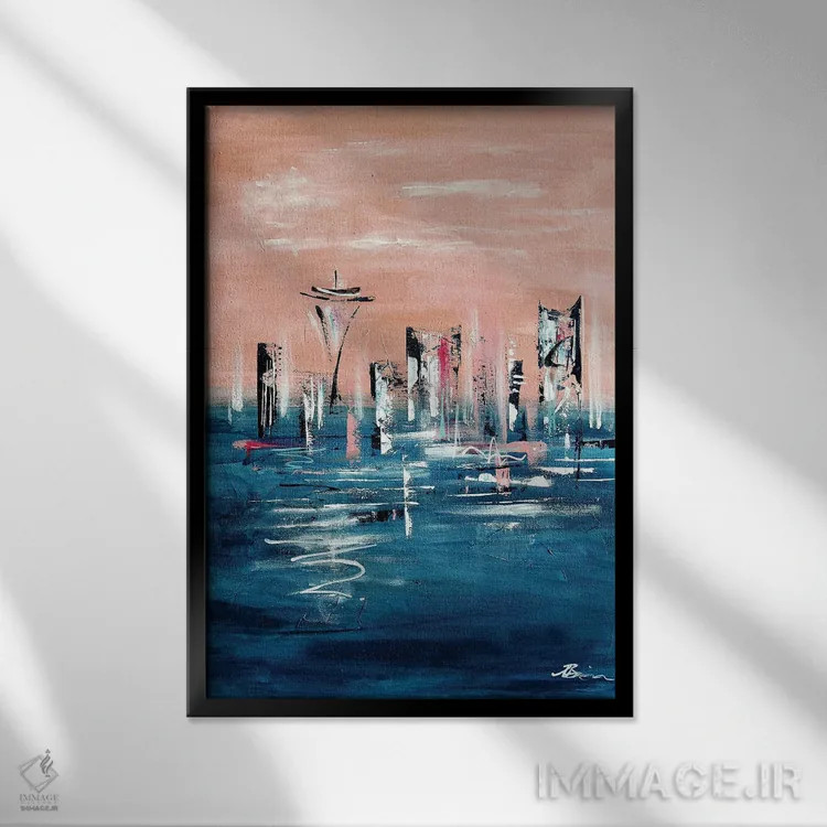 تابلو افق سیاتل میانهقرن رزگلد صورتی اثر آنجلا بیسون - نمای قابدار مشکی