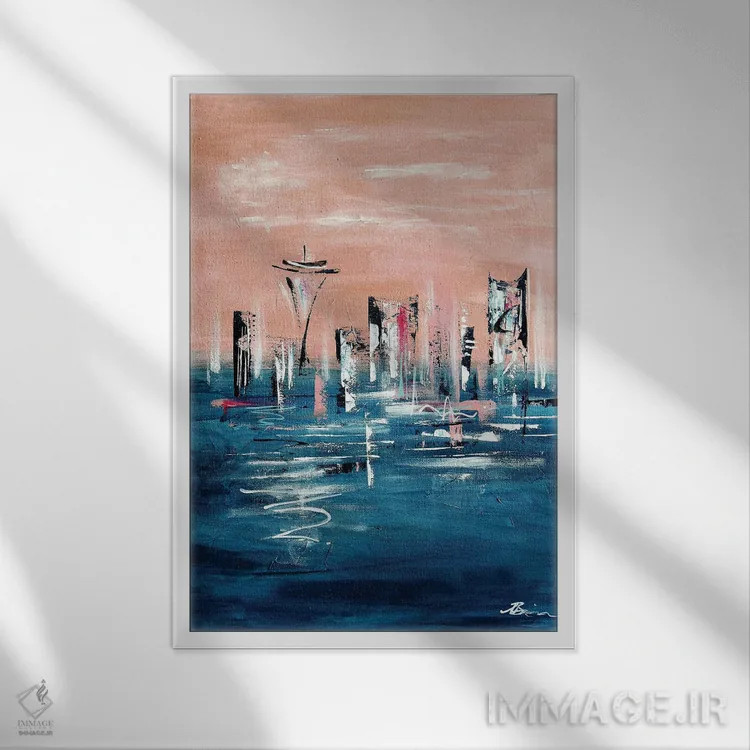 تابلو افق سیاتل میانهقرن رزگلد صورتی اثر آنجلا بیسون - نمای قابدار سفید