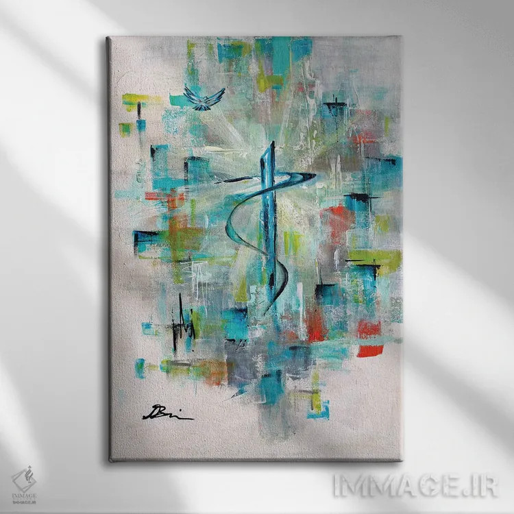 تابلو انتزاعی میانهقرن؛ باور به صلیب مقدس مسیحی اثر آنجلا بیسون - نمای روبهرو روی دیوار