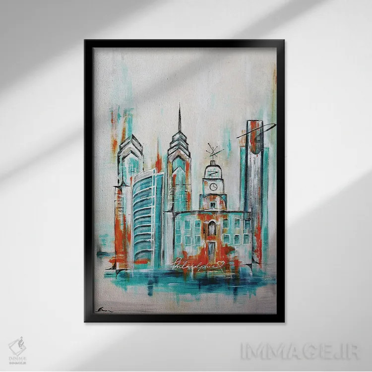 تابلو افق فیلادلفیا میانهقرن آبی تیره و نارنجی اثر آنجلا بیسون - نمای قابدار مشکی