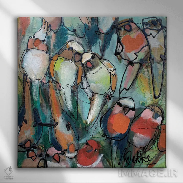 تابلو طوطیها اثر ماریکه بکه - نمای روبهرو روی دیوار