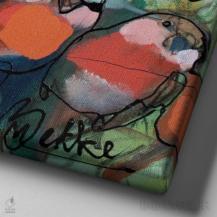 تابلو طوطیها اثر ماریکه بکه - نمای نزدیک بافت بوم