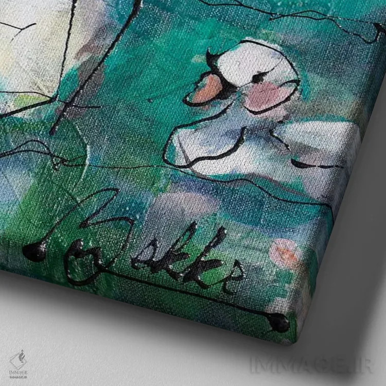 تابلو خانواده قوها اثر ماریکه بکه - نمای نزدیک بافت بوم