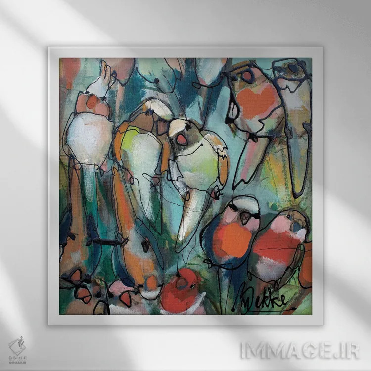 تابلو طوطیها اثر ماریکه بکه - نمای قابدار سفید