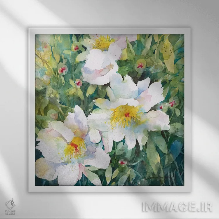تابلو گلهای صدتومانی دستنخورده اثر آنلاین بوکنکمپ - نمای قابدار سفید