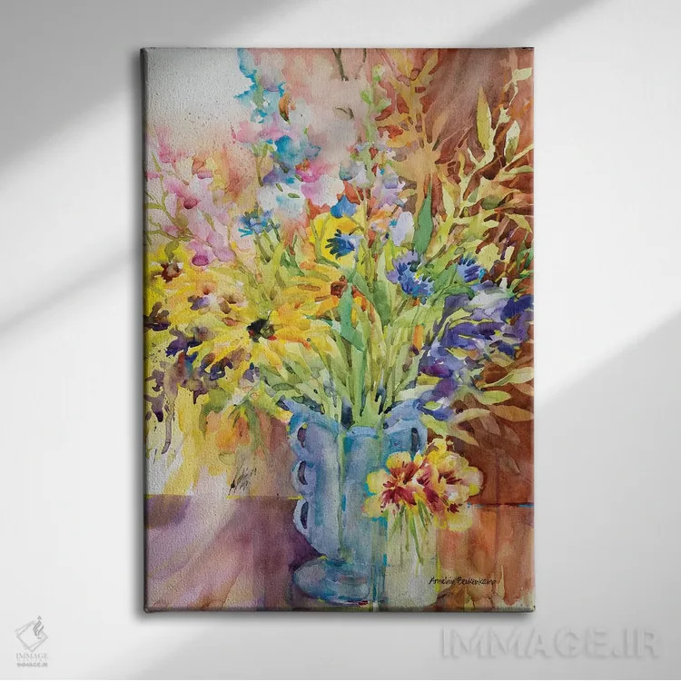 تابلو گلدان آبی اثر آنلاین بوکنکمپ - نمای روبهرو روی دیوار