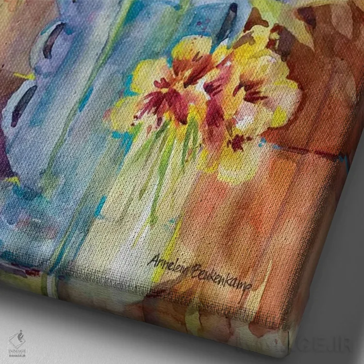 تابلو گلدان آبی اثر آنلاین بوکنکمپ - نمای نزدیک بافت بوم