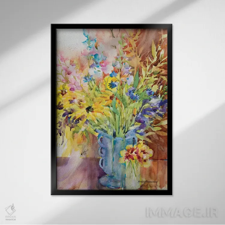 تابلو گلدان آبی اثر آنلاین بوکنکمپ - نمای قابدار مشکی