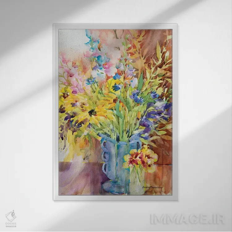 تابلو گلدان آبی اثر آنلاین بوکنکمپ - نمای قابدار سفید