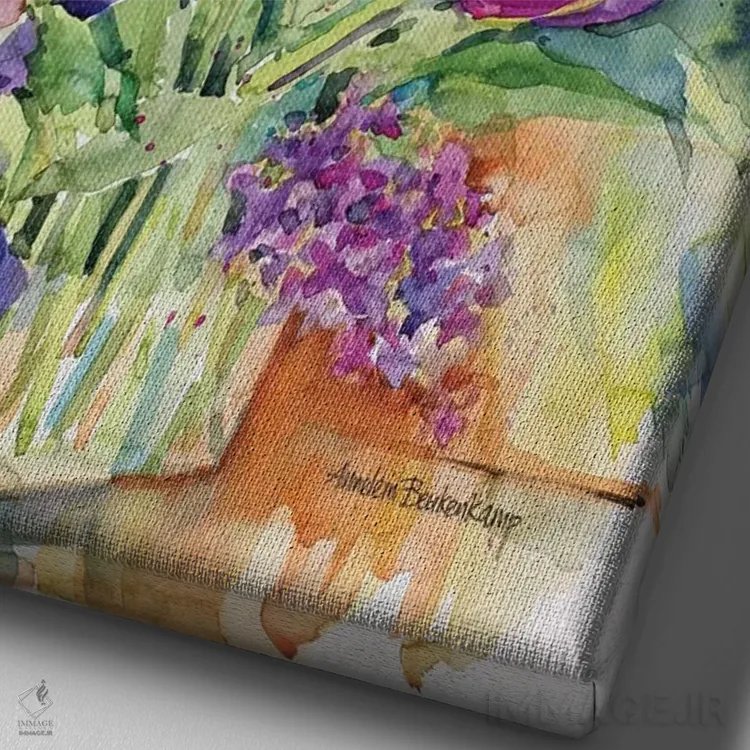 تابلو زنبق آبی و همچنین لالهها اثر آنلاین بوکنکمپ - نمای نزدیک بافت بوم