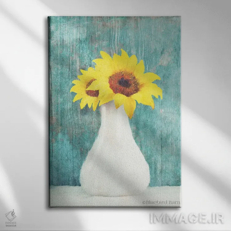 تابلو آفتابگردان در گلدان سفید اثر بلوبرد بارن (استودیوی هنری) - نمای روبهرو روی دیوار
