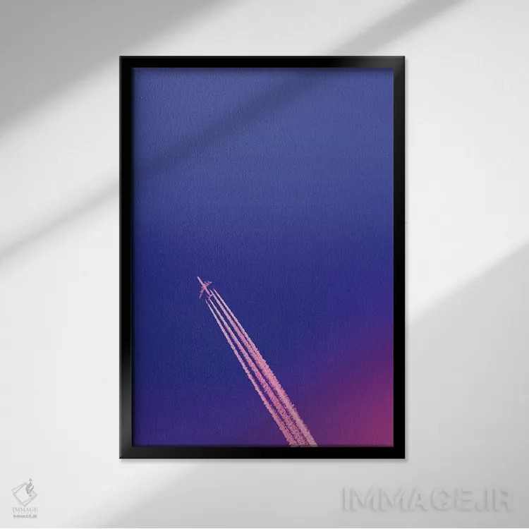 تابلو آسمان آبی تیره و هواپیما اثر بلی - نمای قابدار مشکی