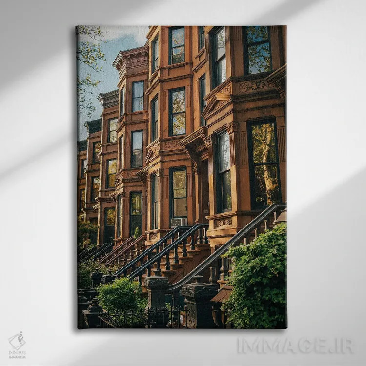 تابلو خانههای سنگ قهوهای پارک اسلوپ (نیویورک) اثر جان بیلوس - نمای روبهرو روی دیوار