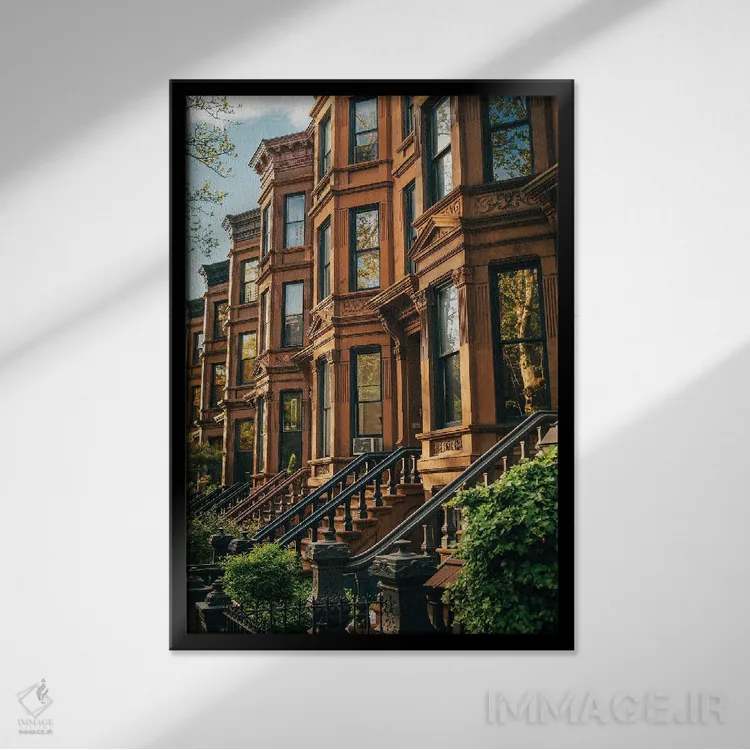 تابلو خانههای سنگ قهوهای پارک اسلوپ (نیویورک) اثر جان بیلوس - نمای قابدار مشکی