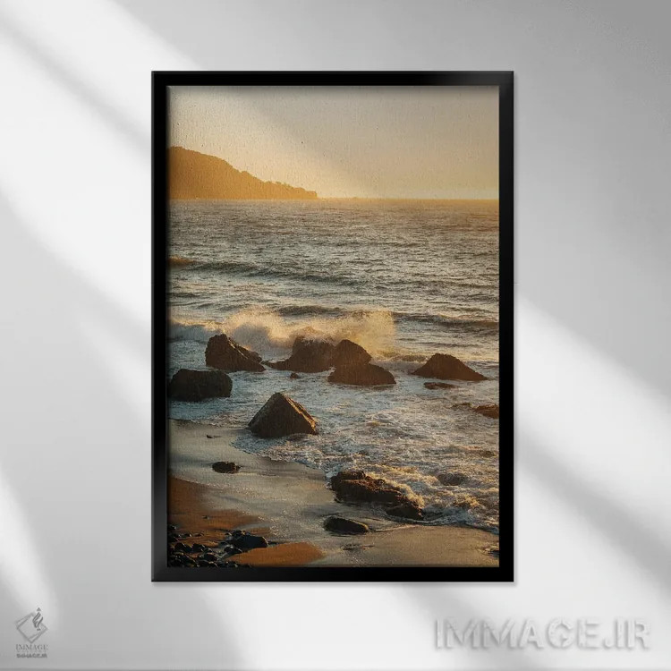 تابلو Marshall Beach,برخورد امواج، ساحل مارشال اثر جان بیلوس - نمای قابدار مشکی