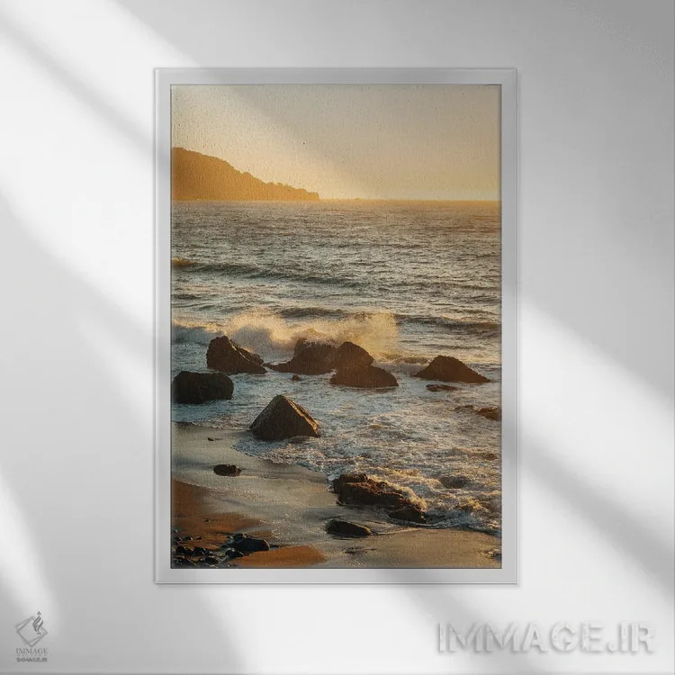تابلو Marshall Beach,برخورد امواج، ساحل مارشال اثر جان بیلوس - نمای قابدار سفید