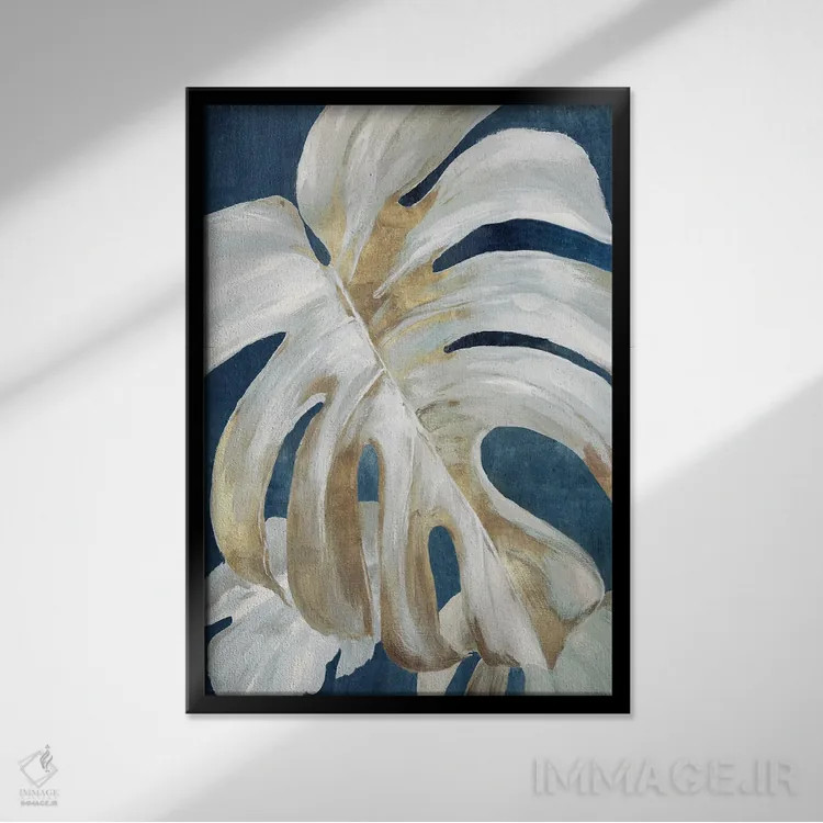 تابلو برگ مونسترا آبی اثر الکس بلک - نمای قابدار مشکی