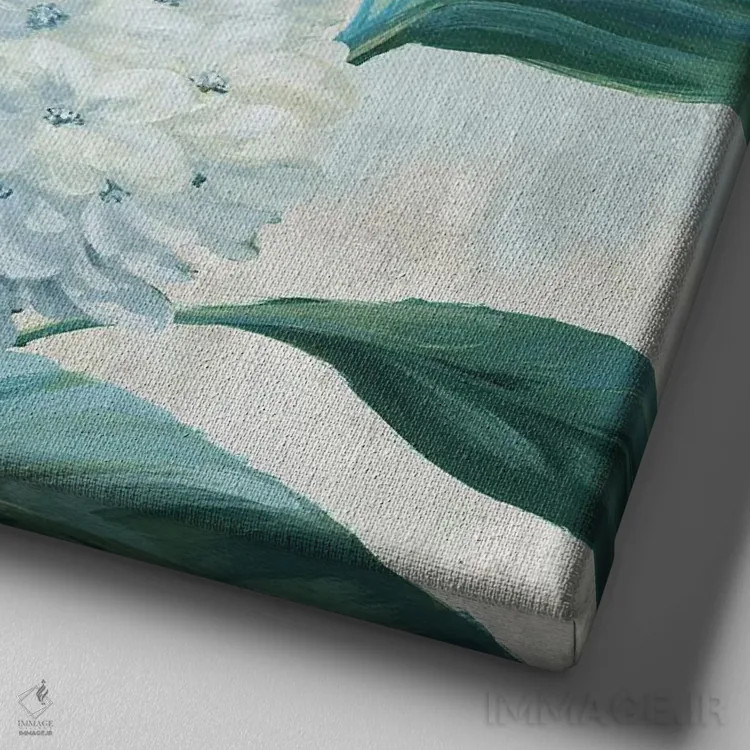 تابلو شکوفههای هورتانسیا آبی I اثر الکس بلک - نمای نزدیک بافت بوم