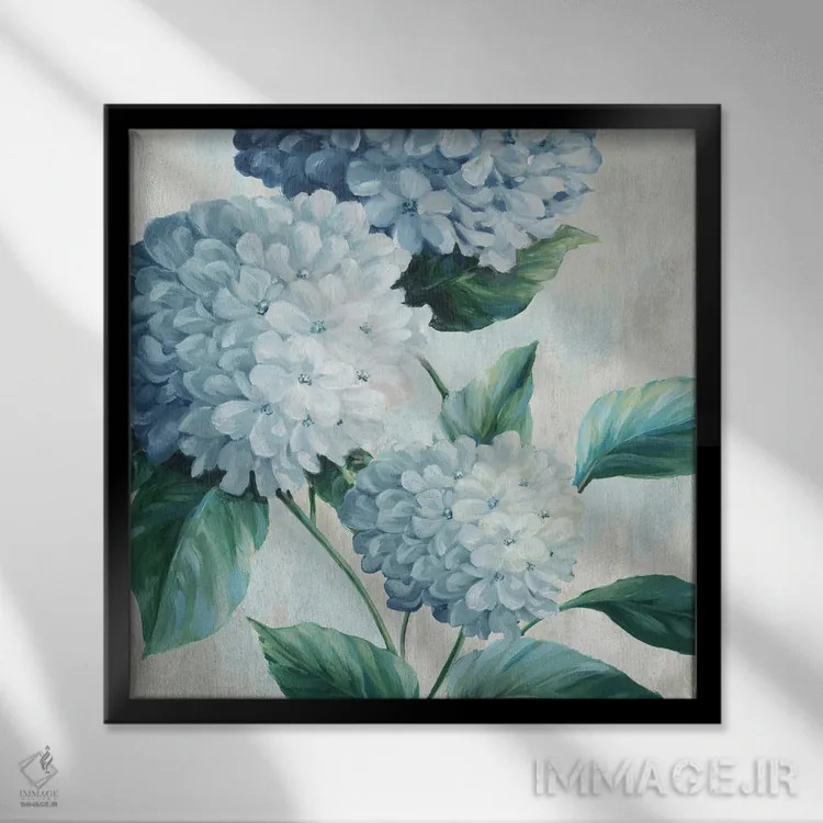 تابلو شکوفههای هورتانسیا آبی I اثر الکس بلک - نمای قابدار مشکی