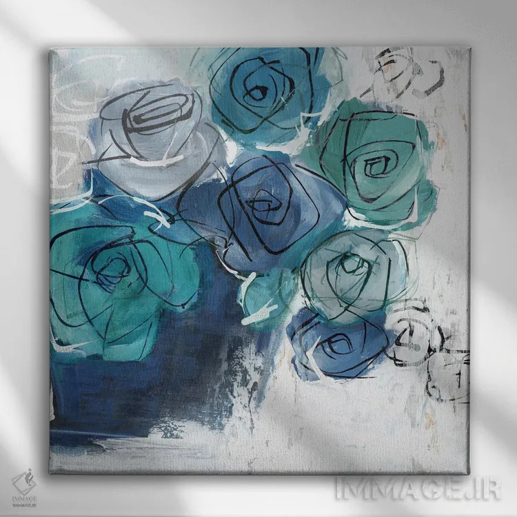 تابلو گلهای آبی در گلدان اثر الکس بلک - نمای روبهرو روی دیوار