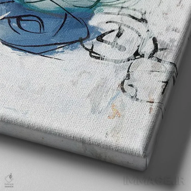 تابلو گلهای آبی در گلدان اثر الکس بلک - نمای نزدیک بافت بوم