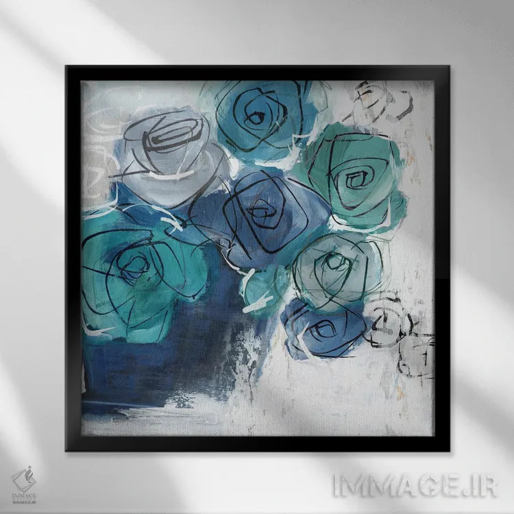 تابلو گلهای آبی در گلدان اثر الکس بلک - نمای قابدار مشکی