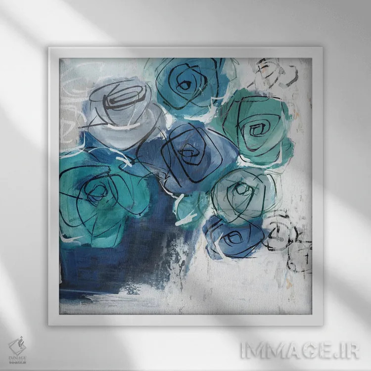 تابلو گلهای آبی در گلدان اثر الکس بلک - نمای قابدار سفید