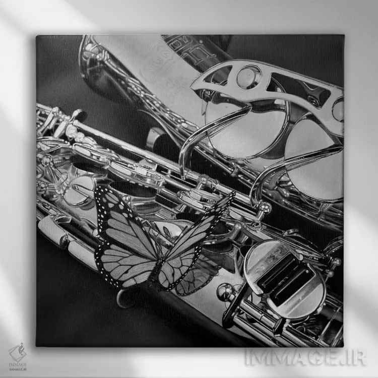 تابلو ساکسفلای (سیاه و سفید) اثر جی.بلو استودیو (استودیو هنری) - نمای روبهرو روی دیوار