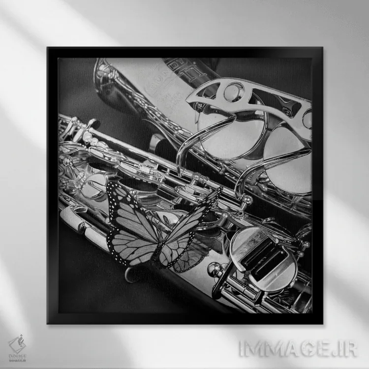 تابلو ساکسفلای (سیاه و سفید) اثر جی.بلو استودیو (استودیو هنری) - نمای قابدار مشکی