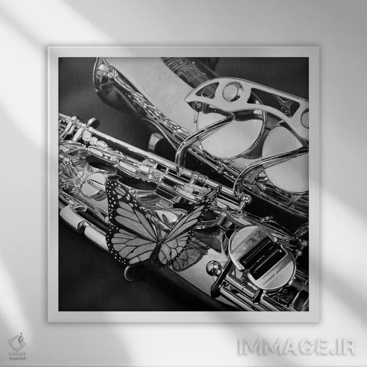 تابلو ساکسفلای (سیاه و سفید) اثر جی.بلو استودیو (استودیو هنری) - نمای قابدار سفید