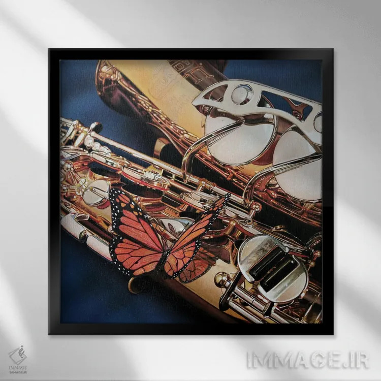 تابلو ساکسفلای (ترکیبی از ساکسوفون و پرواز) اثر جی.بلو استودیو (استودیو هنری) - نمای قابدار مشکی