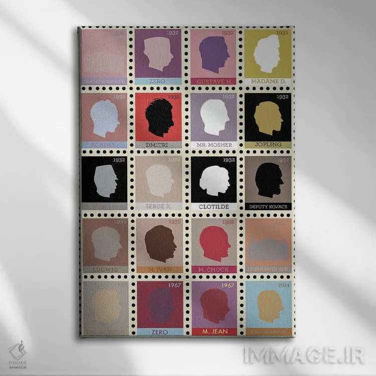 تابلو هتل گرند بوداپست (به سبک تمبر) اثر جردن بولتون - نمای روبهرو روی دیوار